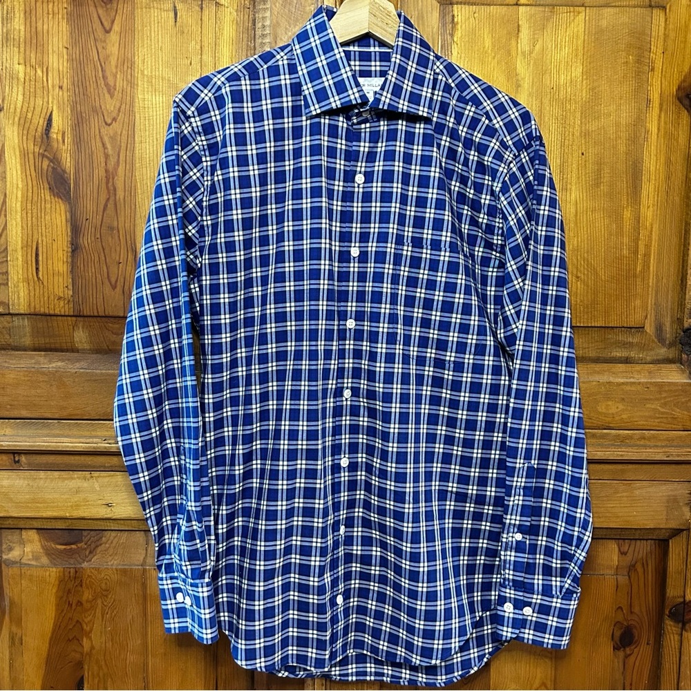 Peter Millar Navy and White Checkered Plaid Men's Button Down Shirt Medium